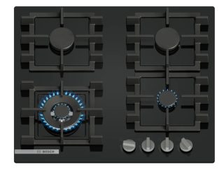 Bosch PNK6B6K40 газов плот, SER4, 4 зони, уок горелка, 9 нива на мощност, FlameSelect, лесна поддръжка, метални копчета, черен, 60см