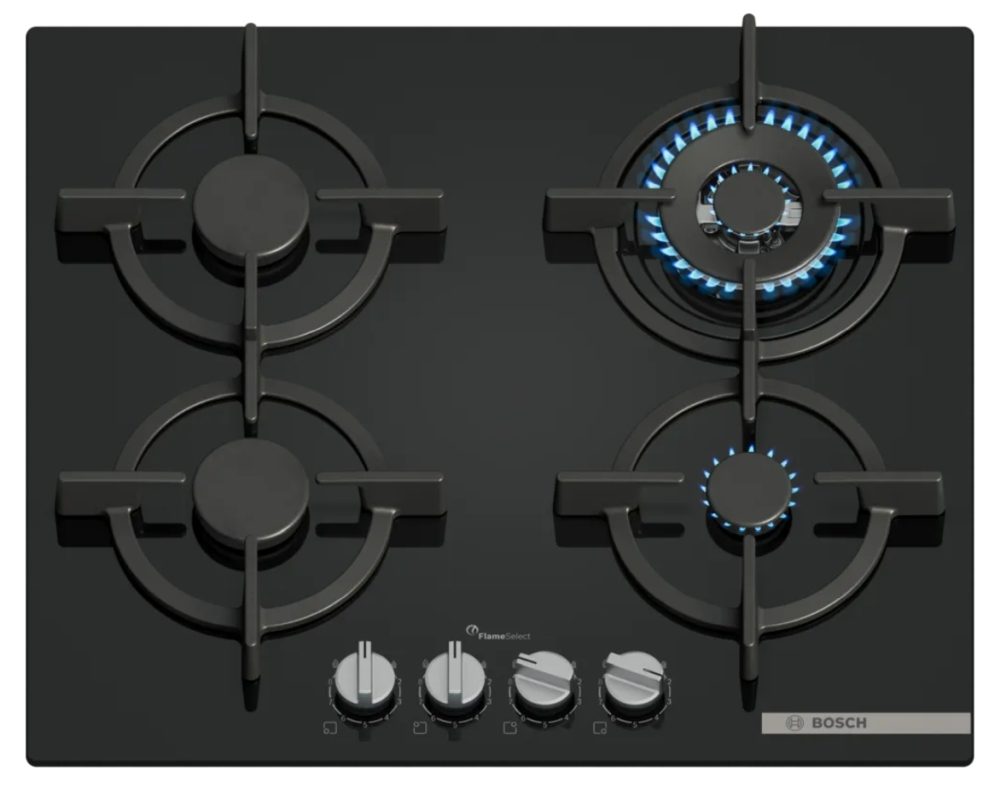 Bosch PPH6A6I10 газов плот, 4 зони, wok горелка, 9 нива на мощност, FlameSelect, лесно почистване, метални копчета, черен, flush, 60 см