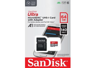 Карта памет SanDisk Ultra microSDXC 64GB 140MB/s, Class10, A1 UHS-I и адаптер
