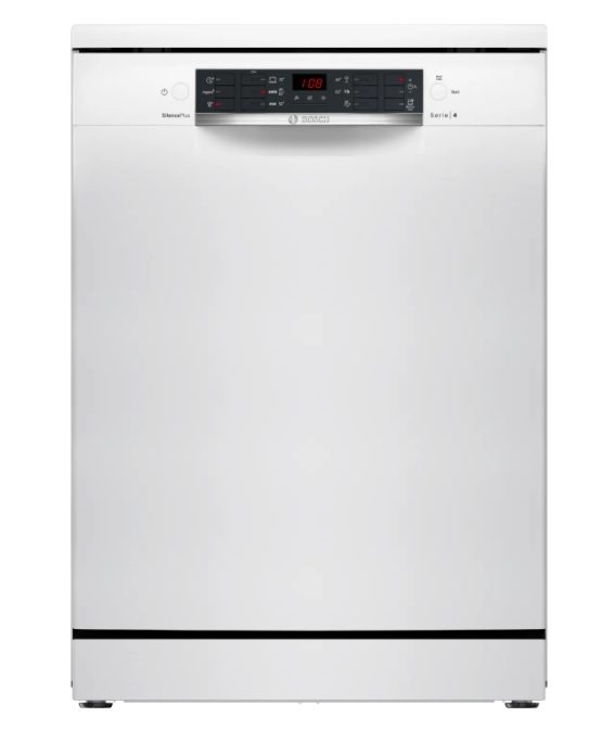 BOSCH SMS46KW02E, SER4, Свободностояща съдомиялна, E, Polinox, 9,5л, 13 комплекта, 6p/4o, 46dB(C), 3-то чекмедже, Rackmatic, бяла