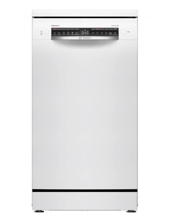 Bosch SPS4HMW49E, SER4, Свободностояща съдомиялна 45см, E, 9.5л, 10комплекта, 6пр/5о, 44dB(B), Silence 41dB, трето чекмедже, Rackmatic, Бяла, HC