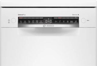 Bosch SPS4HMW49E, SER4, Свободностояща съдомиялна 45см, E, 9.5л, 10комплекта, 6пр/5о, 44dB(B), Silence 41dB, трето чекмедже, Rackmatic, Бяла, HC