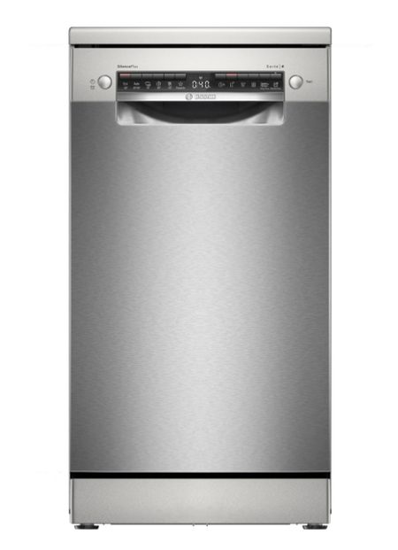 Bosch SPS4HMI49E SER4 Свободностояща съдомиялна 45 см, E, 9.5 л, 10 комплекта, 6п/5о, 44 dB(B), Тишина 41 dB, 3-то чекмедже, Rackmatic, неръждаема стомана, Home Connect