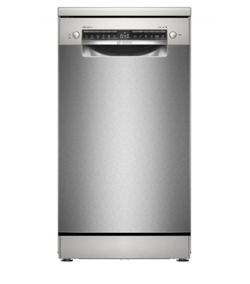 Bosch SPS4E33E, серия 4, свободностояща съдомиялна 45 см, B, EfficientDry, 8,7 л, 10 комп. комплекта, 6 п / 5 о, 44 dB(B), Silence 43 dB, 3-то чекмедже, R3, Rackmatic, неръждаема стомана, HC