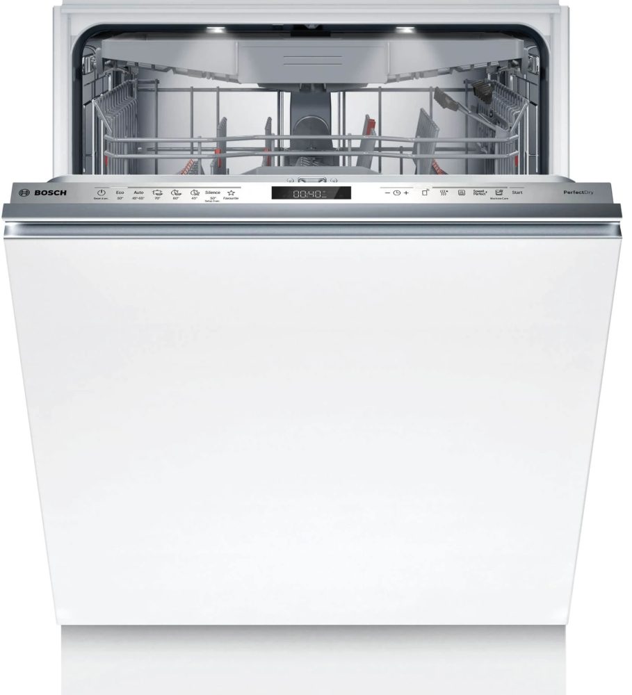 Bosch SMV6YCX06E SER6, Съдомиялна машина, напълно вграждана, A, Zeolith, EfficientDry, 9,5 л, 14 комплекти, 44 дБ (B), Silence 43 dB, 3-то чекмедже, Extra Clean Zone, TimeLight, дисплей, HC, InHerго Вътрешно осветление