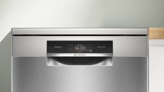 Bosch SMS8TCI04E, SER8, Свободностояща интелигентна съдомиялна, A, Zeolith, EfficientDry, 9,5 л, 14 комплекта, 8/6, 42 dB(B), Silence, трето чекмедже, Extra Clean Zone, 2 TFT дисплея, лампа, PerfectDry, нерждаема стомана