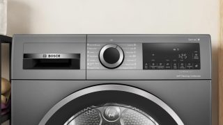 Bosch WQG245DREU, SER6, сушилня с термопомпа 9 kg C / B конд., 61dB, самопочистващ кондензатор, реверсивен барабан, сребърно/черно-сива врата, метал