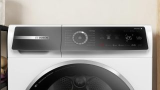 Сушилня с термопомпа Bosch WQB246CNBY, SER8, 9 kg, B / B конденз, 58 dB, самопочистващ се кондензатор, комплект за оттичане, Twin Rotary компресор, Reverse tumble action, Iron Assist, вътрешно осветление, Home Connect, реверсивна хром-черно/сива врата