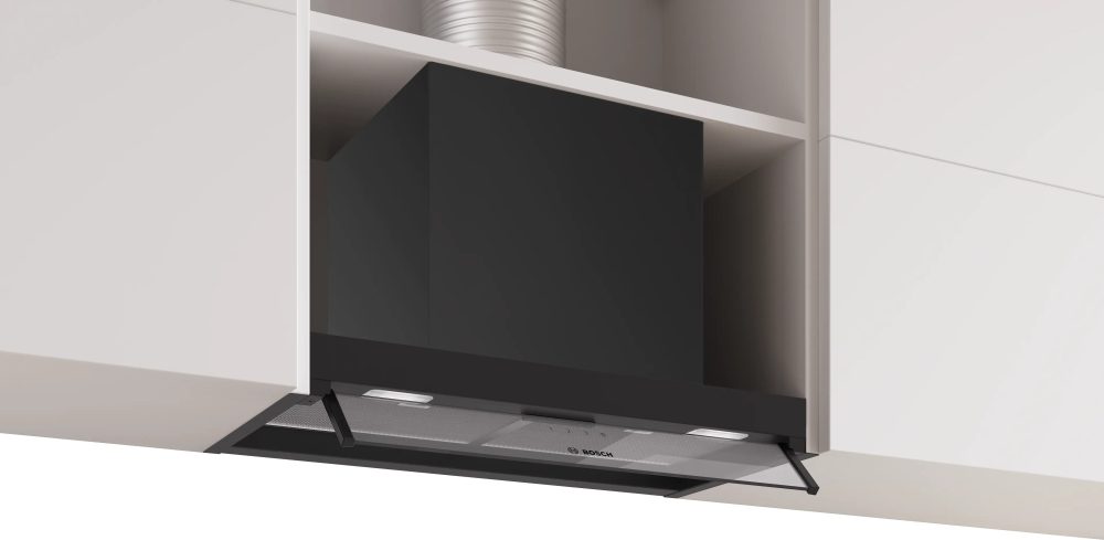 Bosch DBB65CC60 SER4, Аспиратор за вграждане 60 см B, 582 m³/h, 65 dB, 3 скорости, CoP B, Ефективност на мазнините 91% (B), Стъклен панел, Бутонен контрол, Matt black
