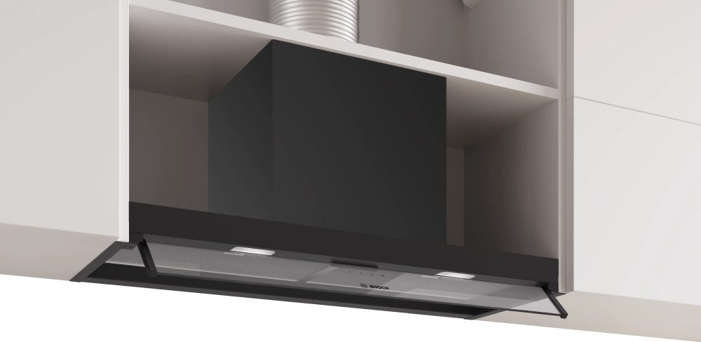 Bosch DBB85CC60, SER4, Вграден аспиратор 80 см B, макс. 582 м³/ч, 65 dB, 3 скорости, CoP B, ефективност на мазнините 91%(B), стъклен панел, бутонно управление, Macrozen