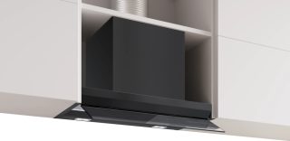 BOSCH DBB67DP60, SER6, Вграден бокс аспиратор, 60 cm, A+, EcoSilenceDrive, mах 433(699) m³/h, 57(68) dB, 3+1 скорости, CoP A, Ефективност на мазнините 85,3% (B), стъклен сензорен контрол, HC, регулируема цветна температура, мат черен
